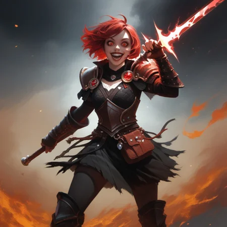 score_9, score_8_up, score_7_up, pathfinder portrait, solo, 1girl, red hair, short hair, red eyes, crazy eyes, small iris, black armor, black gauntlets, black short skirt, black armored skirt, black long boots, metal boots, villainess, slim body, small breasts, standing, crazy expression, big smile, fire sword, fire background, realistic, dynamic, detailed, masterpiece,, Expressiveh