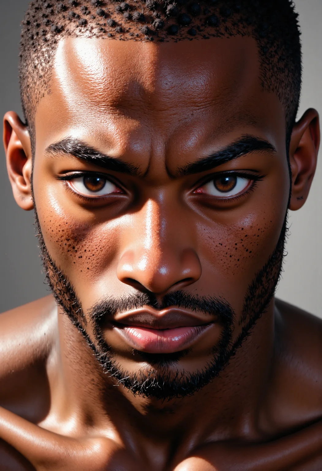 A close-up portrait of a young African American man, his face illuminated by a soft, diffused light that accentuates the fine lines and texture of his skin. The subject's eyes, a deep brown, seem to bore into the viewer, their expression a mix of introspection and quiet confidence. The camera angle is direct, with the lens positioned mere inches from the subject's face, creating a sense of intimacy and immediacy. The man's skin, a warm, dark brown, is smooth and unblemished, with a subtle sheen that suggests a recent application of moisturizer. His hair, closely cropped, is a dark brown that blends seamlessly with his skin tone. A faint scattering of stubble covers his jawline, adding a hint of ruggedness to his otherwise smooth features. The lighting is soft and even, with a slight warmth that suggests a golden hour or a softbox. The shadows are minimal, allowing the subject's features to take center stage. The style of the image is classic, with a focus on capturing the subtleties of the subject's expression and skin texture. The camera, a high-end digital model, has captured every nuance of the subject's face, from the faint creases around his eyes to the gentle curve of his lips.<lora:CustomFlux/MysticComic.safetensors:1.0:1.0>