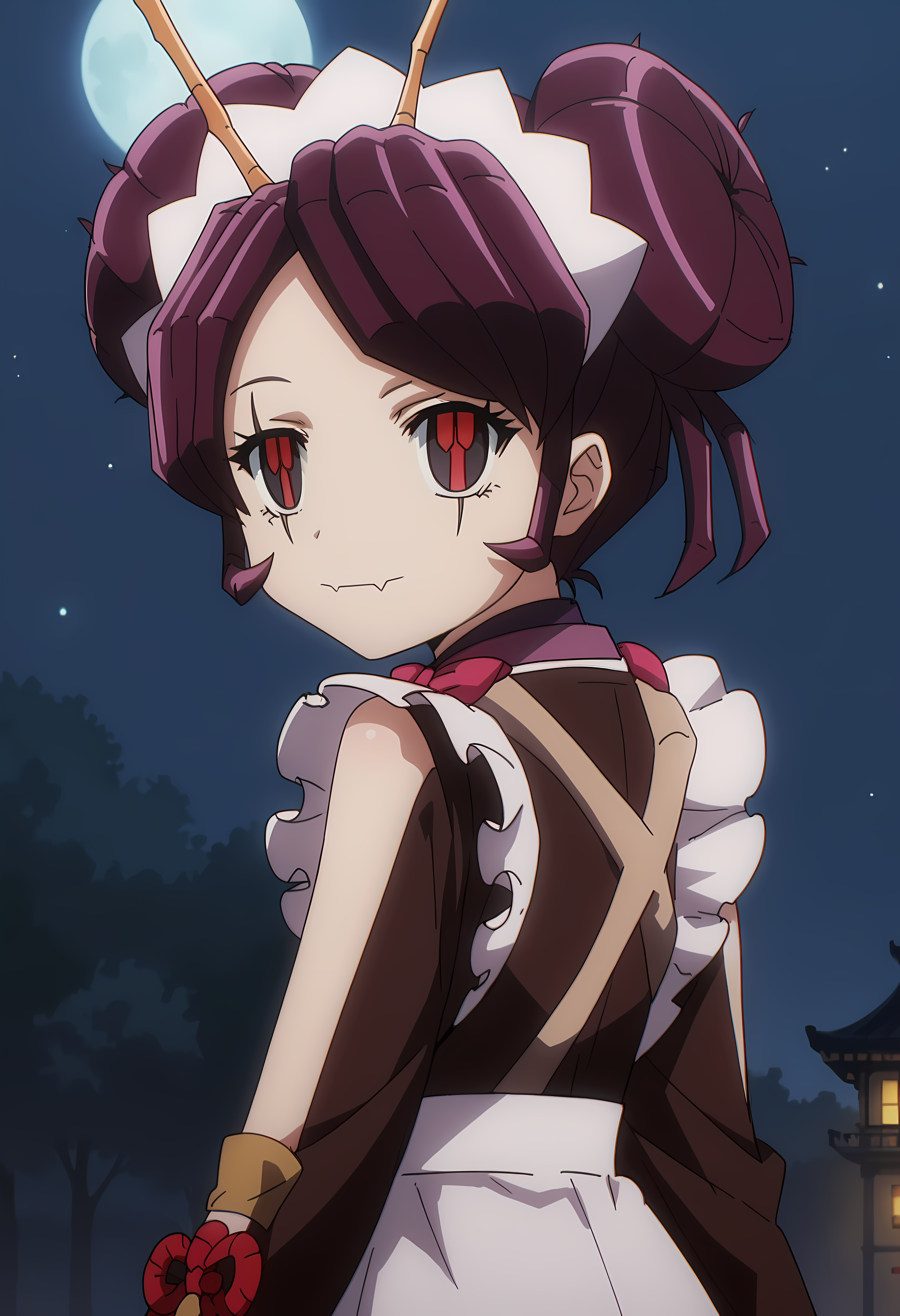 score_9, score_8_up, score_7_up, source_anime, 2d, Entoma Vasilissa Zeta, 1girl, burgundy hair, short hair, twin buns, insect antennae, porcelain face, red-black eyes, black eyes scars, chinese dress, maid hairband, anime coloring, anime screencap, detailed eyes, zPDXL, perfect faces, uncensored, rating_explicit,   <lora:entoma_vasilissa_zeta_0-000045:1>, from behind, looking back, looking at viewer, ass,