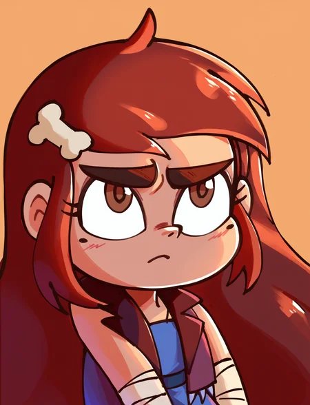 score_9, score_8_up, score_7_up, score_6_up, score_5_up, 1girl, <lora:SVTFOE_Diaz_Family:1> mariposa diaz, vest, blue dress, bandages, brown hair, long hair, brown eyes, bone hair ornament, close-up,
<lora:Khyleri_EXL:0.35> orange background, <lora:wamudraws_Pony_locon_e26:0.6>