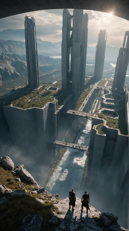 (Cinematic film still:1.7) Hyperrealistic art a breathtaking and awe-inspiring landscape image that pushes the boundaries of imagination and creativity. Imagine a world where reality bends and merges with fantasy, creating a surreal and ethereal atmosphere, with unique shapes, (buildings and formations:1.5) that capture the light in fascinating ways. In this world (a strange artefact, remnants of a long extinct overworldly intelligent civilization:1.5) stands as a testimony of engineering prowess. Add a sense of depth and grandeur with epic lighting and atmospheric effects. Pay attention to detail, ensuring that the landscape is rich in texture and intricate in design. exotic, transient, superb, cacophonic, complex, (vibrant:1.7), <lora:Brutalism:0.1> brutalism <lora:Action-sdxl-V0.5:1> in a zdyna_pose, dutch angle, from above, very wide camera angle actions scene, foreshortening, . Extremely high-resolution details, photographic, realism pushed to extreme, fine texture, incredibly lifelike . shallow depth of field, vignette, highly detailed, high budget, bokeh, cinemascope, moody, epic, gorgeous, film grain, grainy