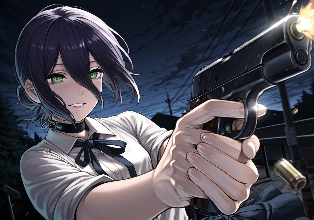 embedding:IllusP0s, m1911a1, firing gun, muzzle flash, shell casing, low angle, dynamic pose, outdoors, night, dynamic angle, shooting post, one hand, reze_\(chainsaw_man\), embedding:IllustriousQual, embedding:Smooth Quality,<lora:m1911a1_ill.safetensors:1.0:1.0>