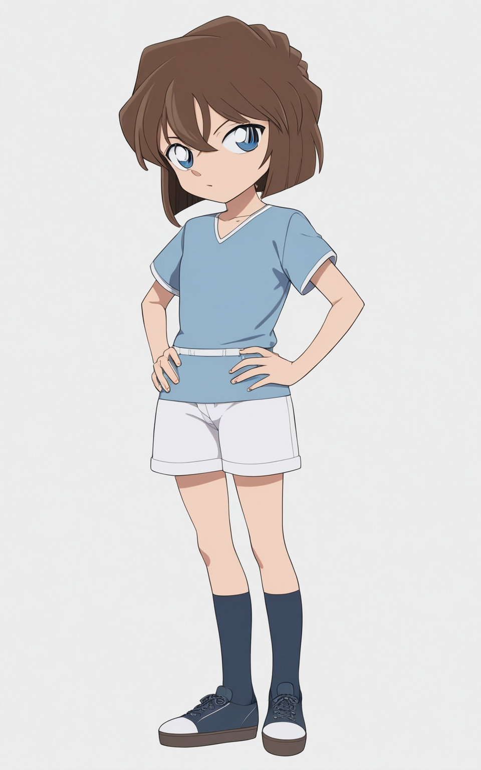 8k, best quality, masterpiece, (ultra-detailed), (high detailed skin), 
(full body:1.25), (white background:1.4), (simple background), standing, looking at viewer, (solo:1.2), hands on hips, 
<lora:hyai-a3-Tanger-000013:0.8>, hyai, qingshan art style, 1girl, brown hair, short hair, shorts, white shorts, socks, blue eyes, shoes, detailed eyes,