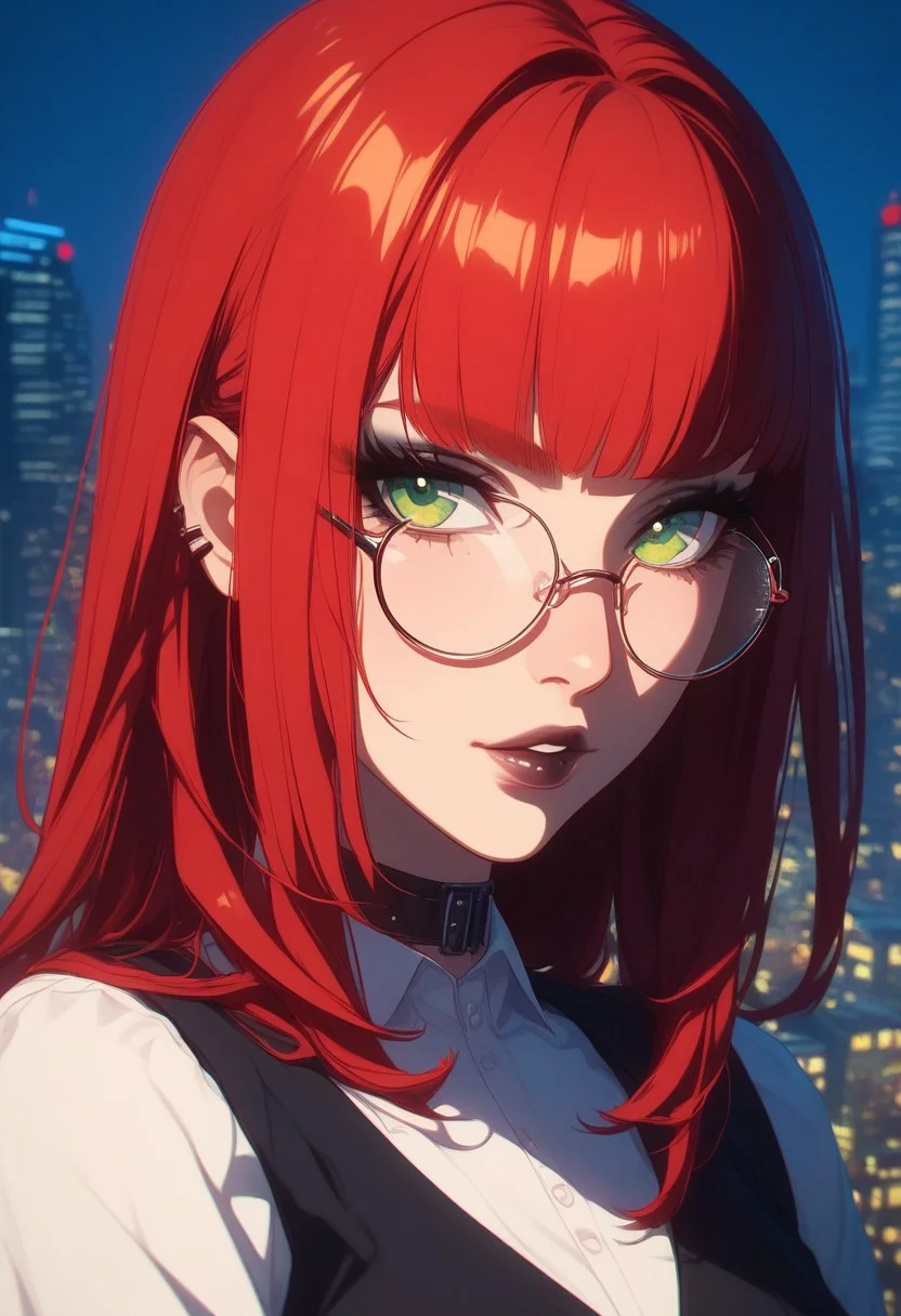 score_9,score_8_up,score_7_up,score_6_up,score_5_up,score_4_up, digital art, female portrait, semi-realistic, 3D illustration, GLSHS, high-resolution, 1girl, solo, partially covered in shadow, pastel colors. city skyline in window, glass office background, night, goth girl, red hair. close-up, wearing a suit, pretty girl with long hair, tied hair, wearing round glasses, green eyes, lips, makeup, looking at viewer,