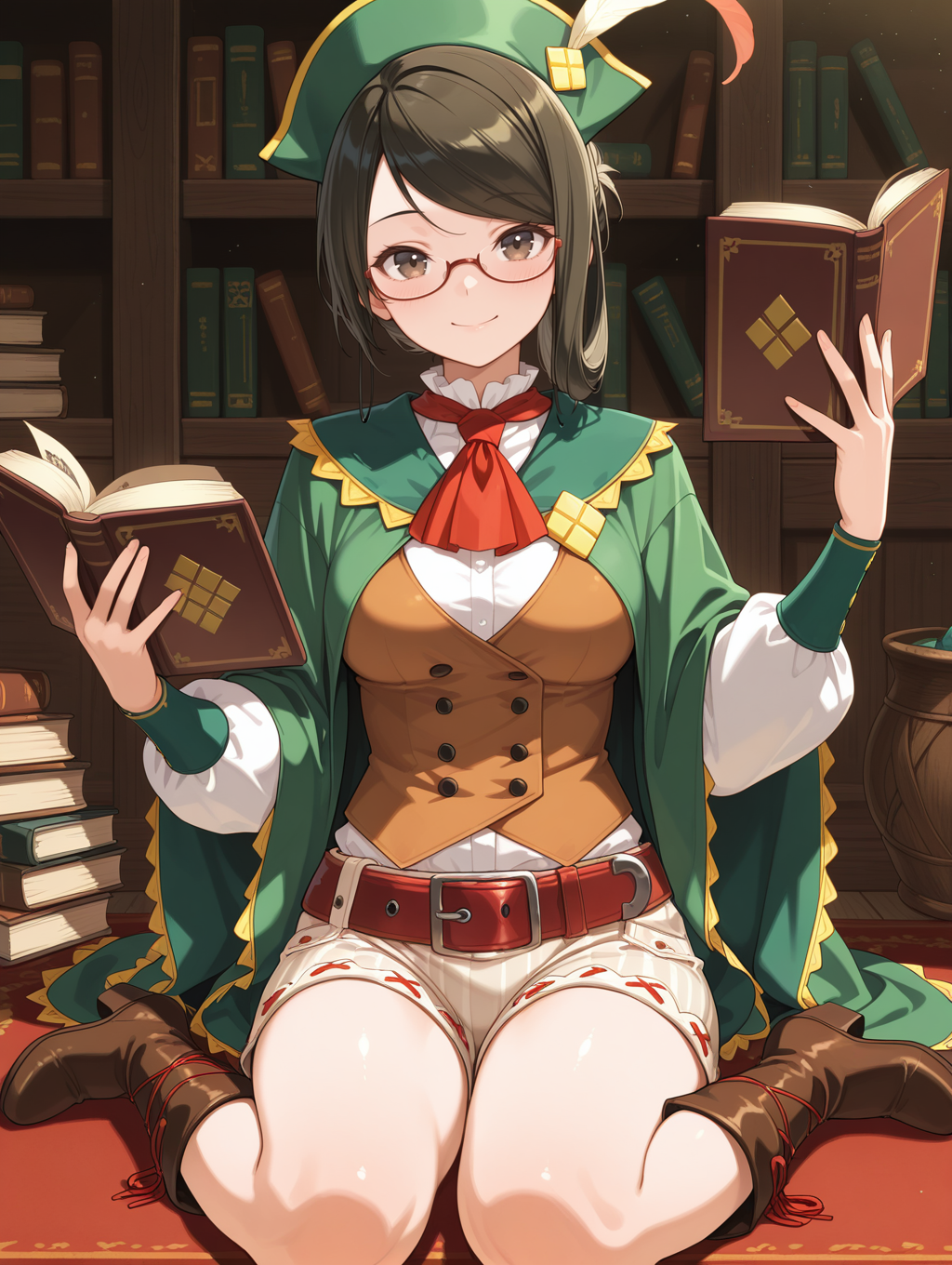 guildmarm, 1girl, solo, black under-rim eyewear, sitting, book, smile, wariza, looking at viewer, holding book, medium breasts, single hair bun, green headwear, green capelet, red ascot, brown vest, red belt, white shirt, white shorts, brown cross-laced boots,
masterpiece,best quality,amazing quality,very aesthetic,absurdres,newest,<lora:Guildmarm illuXL v1.1:0.75>,