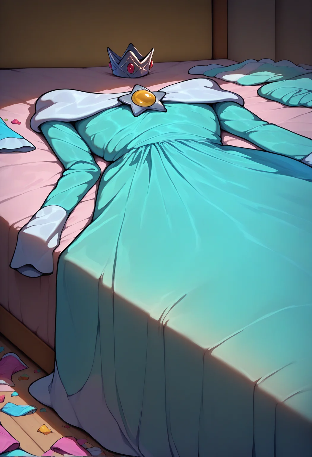 masterpiece, best quality, newest, absurdres, highres, no humans, clothes focus, unworn clothes, scenery, still life, <lora:UnwornClothes_illusXLNoobAI_Incrs_v1:1>, bed, messy room, messy, <lora:Rosalina_illusXL_Incrs_v1:1>, RslnDef, crown, off-shoulder dress, long sleeves, blue dress, long dress, aqua dress,