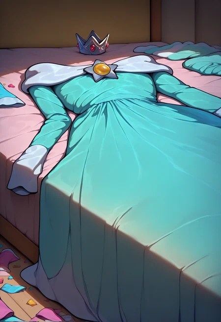 masterpiece, best quality, newest, absurdres, highres, no humans, clothes focus, unworn clothes, scenery, still life, <lora:UnwornClothes_illusXLNoobAI_Incrs_v1:1>, bed, messy room, messy,  <lora:Rosalina_illusXL_Incrs_v1:1>, RslnDef, crown, off-shoulder dress, long sleeves, blue dress, long dress, aqua dress,