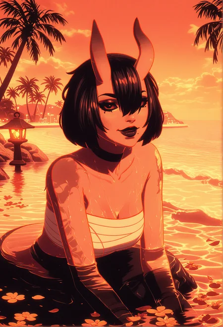 GLSHS,delicate colors,partially illuminated, (masterpiece, absurdres, very awa:1.4), golden hour, orange theme, sunset, beach, rocks, beach ball, sand, palm tree, smug, looking at viewer, fortnitenightrose, 1girl, black hair, short hair, bob cut, bangs, hair between eyes, hair over one eye, asymmetrical horns, oni horns, skin-covered horns, black eyes, black sclera, sclera, closed mouth, mole, mole under mouth, black lips, lipstick, makeup, natural hot spring, sitting on rock with legs dipped in water, wet skin, towel draped around body, cleavage, steam, gentle ripples in water, warm lantern glow, flower petals floating on water, <lora:GLSHS-IL:1.2>,  <lora:Fortnite_The_Night_Rose_All_Outfits_ILXL:0.8>, <lora:dmd2_sdxl_4step_lora:1>