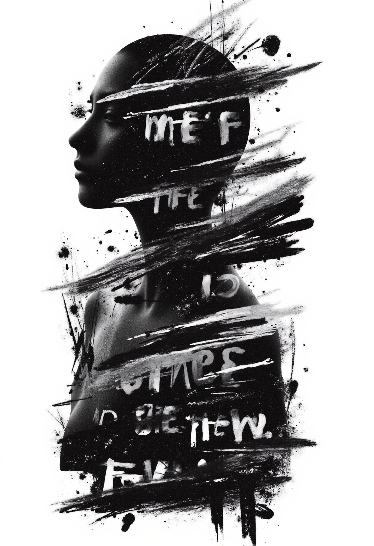 Synthesis typography and silhouette of young woman, abstraction