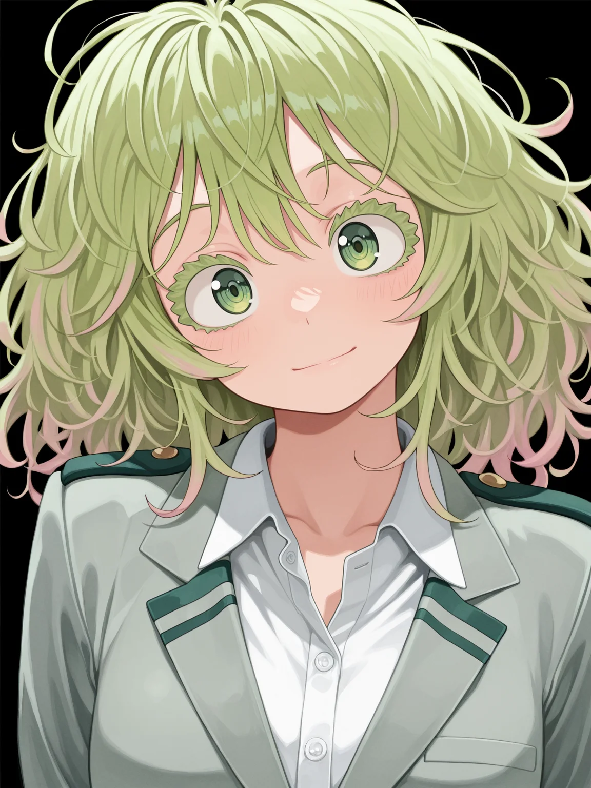 <lora:Tooru - MrCasual:1>
t00ru, thick eyelashes, green hair, messy hair, multicolored hair, pink hair, colored eyelashes, green eyes,
u.a. school uniform, upper body, light smile, head tilt,, masterpiece, best quality, amazing quality,, (simple background, black background:1.5),
