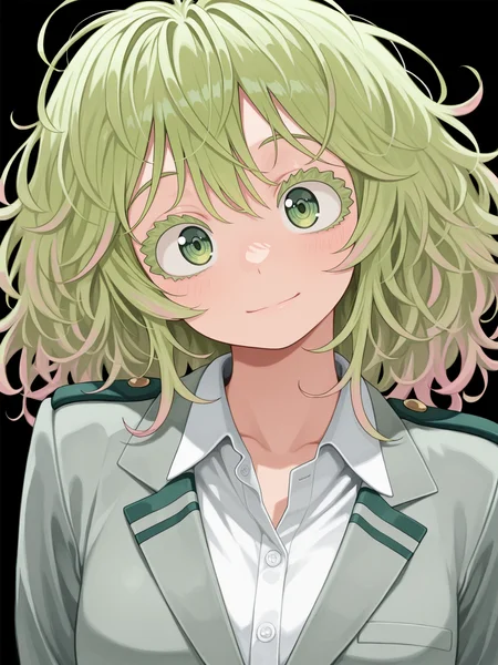 <lora:Tooru - MrCasual:1>
t00ru, thick eyelashes, green hair, messy hair, multicolored hair, pink hair, colored eyelashes, green eyes,
u.a. school uniform, upper body, light smile, head tilt,, masterpiece, best quality, amazing quality,, (simple background, black background:1.5),