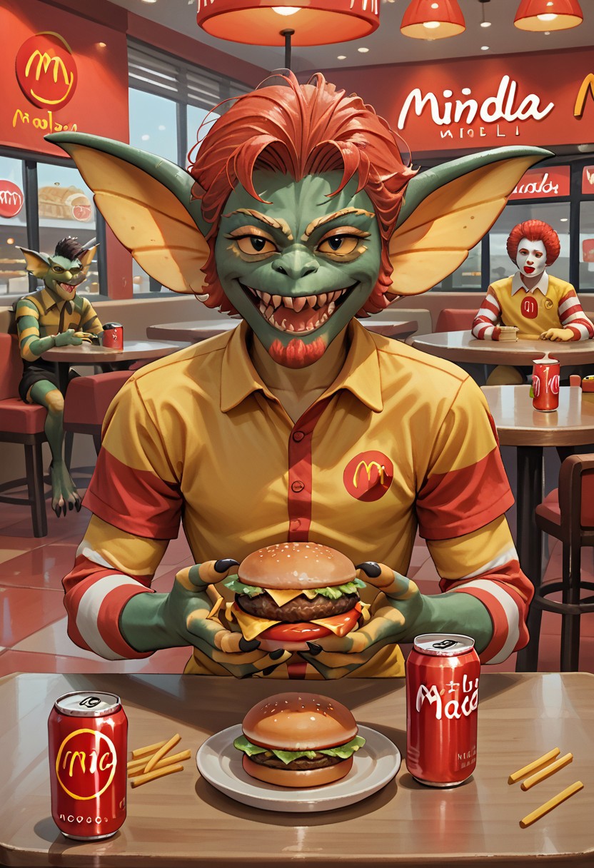 score_9, score_8_up, score_7_up, stripe, gremlin, ronald_mcdonald, hamburger, restaurant, coke can,