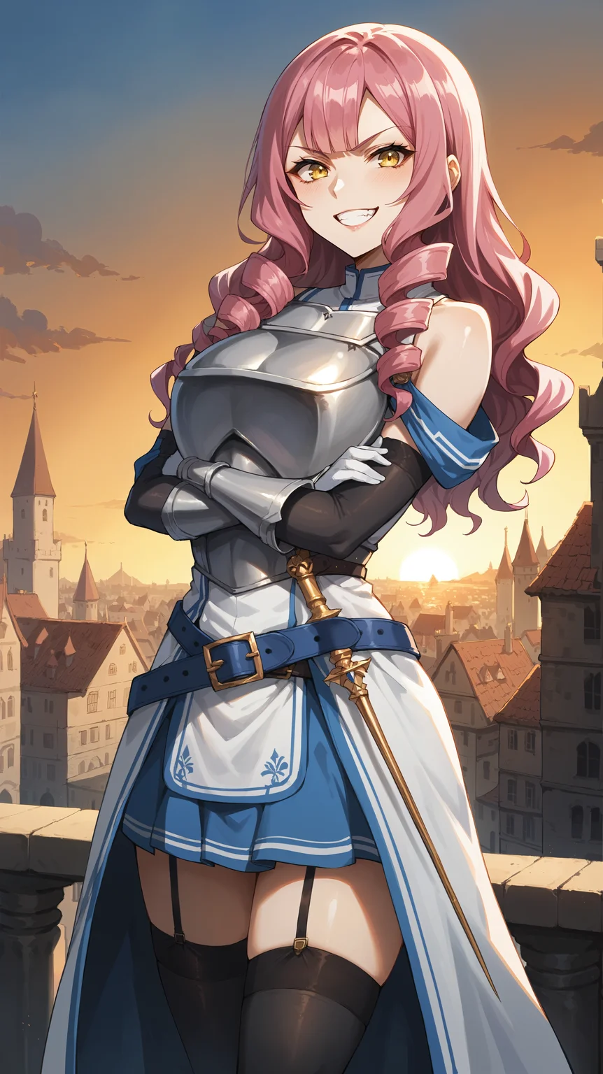 score_9,score_8_up,score_7_up,score_6_up, <lora:xl_more_art-full_v1:0.5>, source_anime, girl, dynamic pose, arms crossed, <lora:Memil Vlerick - Pony-000004:0.8>, long hair, pink hair, drill hair, yellow eyes, white shirt, blue shirt, multicolored shirt, steel breastplate, blue miniskirt, white gloves, black elbow gloves, garter straps, bare shoulders, white belt, blue belt, black thighhighs, evil grin, medieval city, sunset,