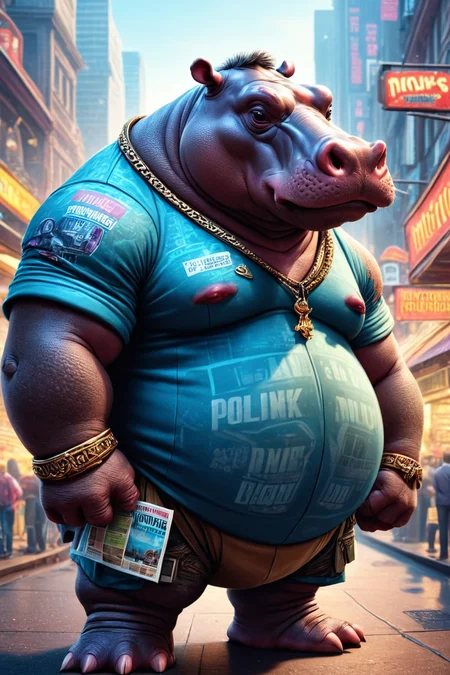 Detailed digital illustration of an anthro Hippopotamus (Staring into the horizon, pondering life) at a Augmented reality newsstands with holographic headlines, <lora:xl_more_art-full_v1:0.5>,  <lora:anthro_muscular:0.7> , <lora:madpunk:0.4> madpunk