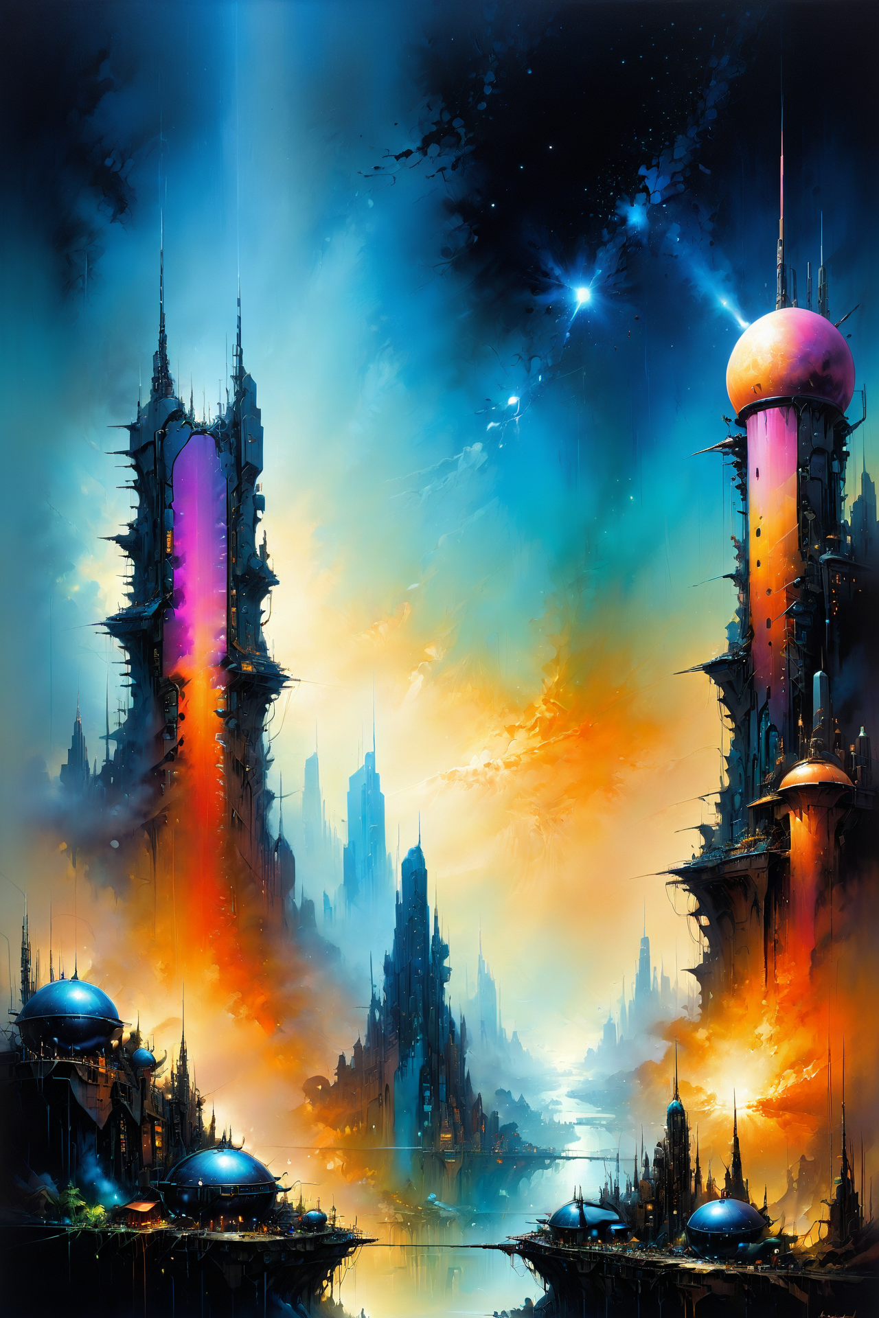 skyline of a dense and sprawling city on a junkworld, cyberpunk, night, neon signs, spotlights, hologram,smoke,  neon lights,  glowing, ethereal light,starry sky, bustling, cosmic hues, vibrant colors, watercolor style, surreal lighting, futuristic motifs, vivid colors, detailed digital art <lora:EnvyJunkworldXL01:0.8>  <lora:Ethereal_Grace:1>, (masterpiece:1.2), best quality, (hyperdetailed, highest detailed:1.2), high resolution textures, <lora:EnvyBetterHiresFixXL01:1>