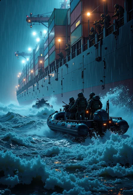 <lora:ck-ghost-reaper:0.9>,
a scene under the cover of night, a tactical team races through rough seas toward a massive cargo freighter, its towering structure glowing with industrial floodlights. The Zodiac boat cuts through the frothy waves as rain pours, drenching the operators. The soldiers are positioned strategically, their body language indicating focus and readiness, weapons aimed at unseen targets. The ship's metal hull glistens ominously, with water pouring off its sides in thunderous sheets. The mood is cinematic, blending the raw power of the ocean with the cold precision of a military mission.
