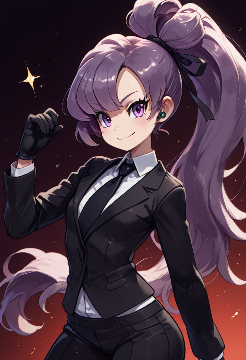 (masterpiece, best quality, good quality, very aesthetic, absurdres, newest:1.2),  zzAnabel, purple hair, purple eyes, long hair, ponytail, ribbon, hair ribbon, bangs, black ribbon, black suit, formal, black tie, black gloves,  , <lora:AnabelPokemon_IXL_v2:1.0>,, smile, looking at viewer, cowboy shot,  <lora:HaradaTakehito_NAI:0.8>, <lora:ZankuroStyle_NAI:0.5>,