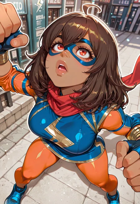 2d, 1girl, kamala_marvelt0k0n, dark-skinned female, brown hair, medium hair, ahoge, red eyes, big eyes, domino mask, blue mask, red scarf,
superhero costume, skintight, lightning bolt symbol, yellow lightning emblem, blue capelet, blue short dress, orange leotard, bike short, leggings, orange leggings, fingerless gloves, sneakers, blue sneakers,
asymmetrical sleeves, asymmetrical armlets, solo puffy armlet, solo bracelet, , urban background, open mouth, looking up, lips, portrait, gradient, combat pose, dynamic pose, standing, eyelashes, top focus, blush, portrait, close-up, top focus, medium breasts, only top, only top, 
amazing quality,very aesthetic,absurdres,newest,depth of field, blurry background, dutch angle, dynamic angle, white outline, lens flare, 
outdoors, big hands, huge hands, huge hand, stretchy arms, oversized limbs, perfect hands, 5fingers