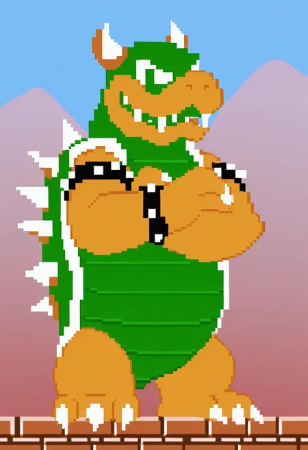 safe_pos, B_SMB1, Expressiveh, score_9, score_8_up, score_7_up, score_6_up, score_5_up, score_4_up, source_furry, hi res, sfw, 2D, pixel art, 8bit, dark green lineart.
solo, 1boy, animal focus, no humans, Bowser, koopa, turtle, scalie, muscular, slightly chubby, bulky, green shell, claws, spikes, horns, orange snout, orange mouth, orange body, green body, green eyes, snout, spiked bracelet, full body,
standing, looking at viewer, crossed arms, sky, clouds, mountains, chubby.