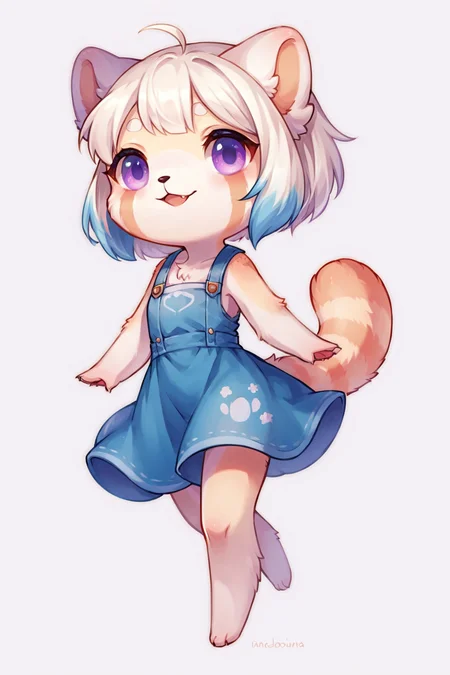 score_9, score_8_up, score_7_up, source_anime, source_furry, highly detailed, 1girl, chibi:0.3, fur, albino anthro red panda with blue dyed hair, purple eyes,  ears drooping,  simple background, white background,  <lora:justduet_SDXLPONY_r70_768_dim32-a4-adamW-000009:0.6>