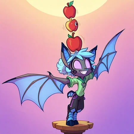 Dreamkeepers,1girl,Prelude_Vanth,solo,furry,source_furry,blue hair,wings,furry,bat wings,
child, kid,
balancing, apple, playful, smiling, cute, outdoors, warm colors, fluffy hair, bright sky, soft shading, standing under a bright blue sky, balancing an apple on her head with a playful grin. She wobbles slightly, trying her best not to let it fall.