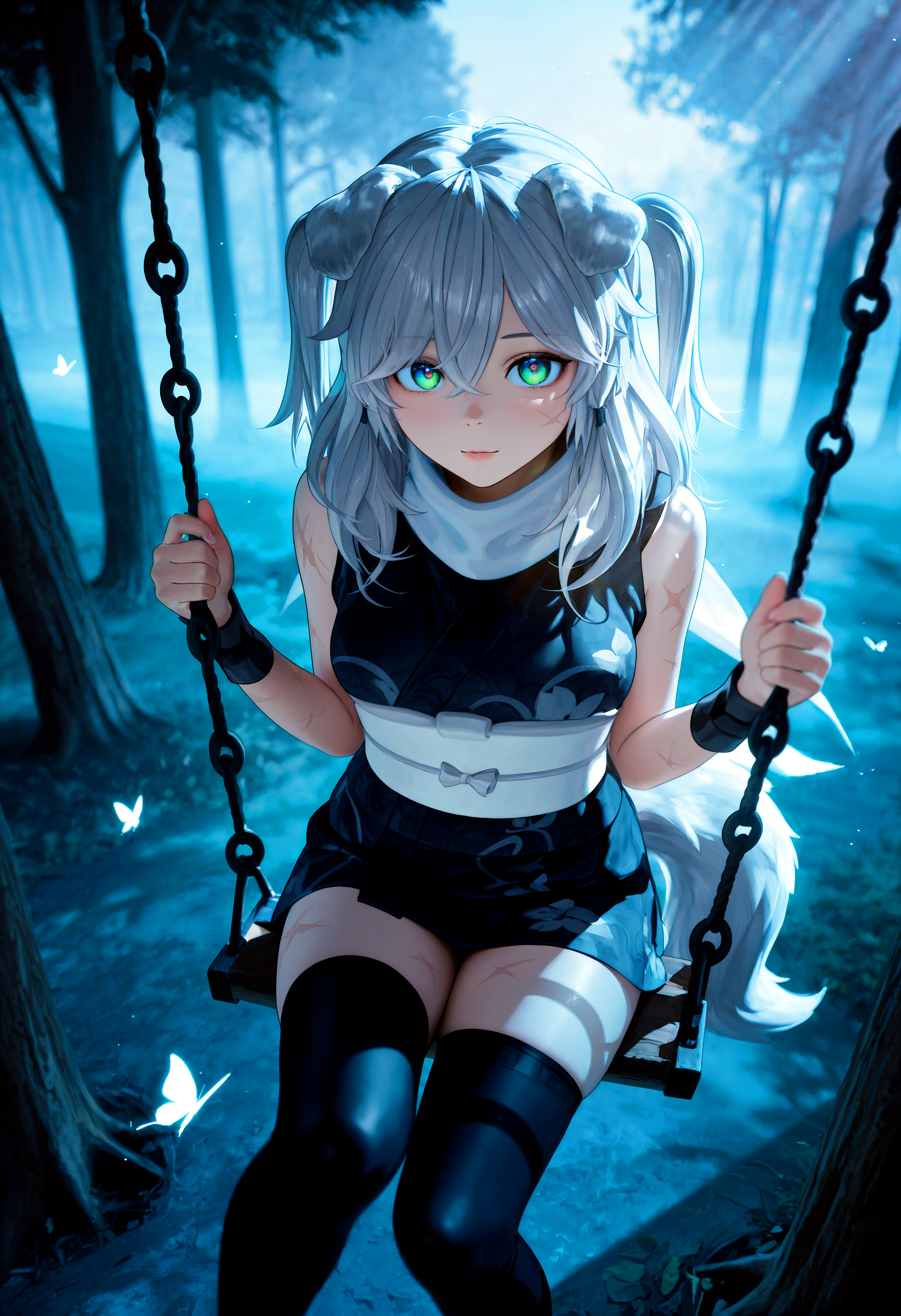 HDR, 8K, high contrast, masterpiece, best quality, amazing quality, very aesthetic, high resolution, ultra-detailed, absurdres, newest, scenery, foreshortening, perspective, (aos:0.5), (chiaroscuro:1.1), cute painting style, light rays, from above, gw_karyn, 1girl, animal ears, dog ears, multicolored eyes, blue eyes, green eyes, grey hair, messy hair, bangs, hair between eyes, two side up, dog tail, scar, japanese clothes, kimono, sleeveless, obi, white sash, black thighhighs, looking at viewer, swing, tree, outdoors, blue sky, sitting, butterfly, wind, straight on, overcast, fog, godrays, partially illuminated, (backlighting), Intricately designed, Mysterious Shadows, BREAK, photorealistic, beautiful detailed eyes, detailed skin, detailed hair, volumetric lighting, dappled light, light particles, dramatic shadows, cinematic lighting, photo background, depth of field, <lora:ponyxl\cfg_scale_boost:0.8> <lora:IL\KMS_GW_Karyn_IL-000009:1>