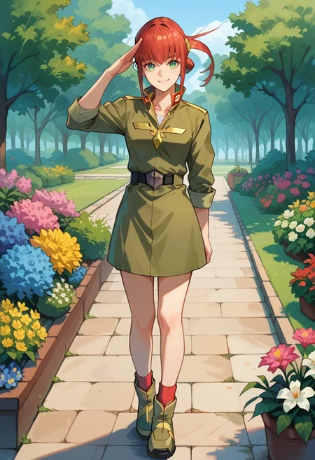 safe_pos, score_8, score_8_up, score_7_up, source_cartoon, 1girl, solo, female focus, alma_CF, red hair, short hair with long locks, bangs, sidelocks, single hair bun, hair ornament, floating hair, ponytail, green eyes, small breasts, military uniform, collared jacket, military rank insignia, green jacket, white undershirt, sleeve cuffs, belt, belt buckle, green skirt, knee socks, green socks, ankle boots, green footwear, salute, looking at viewer, smile, full body, standing, salute, outdoors, garden, tree, flowers
