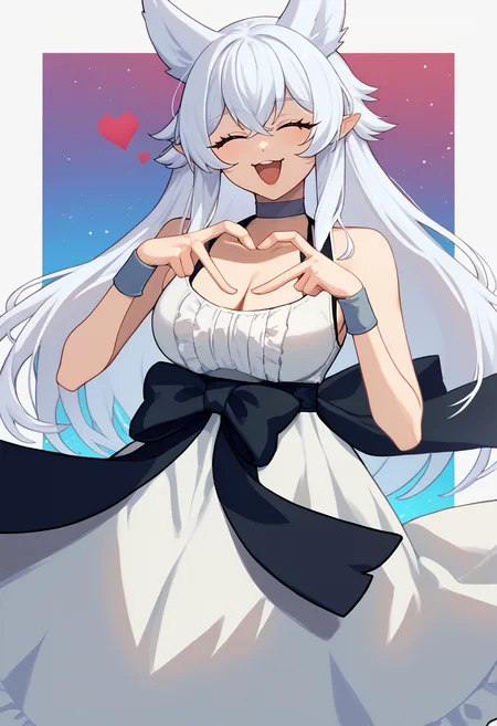 score_9, score_8_up, score_7_up, 4-finger heart hands, heart hands, heart, <lora:FourFingerHeartHands_pdxl_Incrs_v1:1>, 1girl, <lora:lv2supercheatpowers_fenrys_ponyXL:0.8> lv2fenrys, white hair, animal ears, pointy ears, large breasts, white dress, sleeveless dress, waist bow, black bow, choker, wristband, bare shoulders, collarbone, cleavage, closed eyes, open mouth, happy,