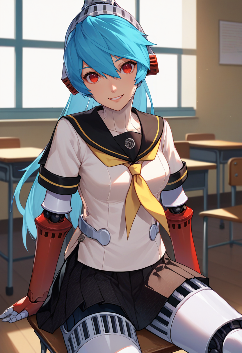 score_9, score_8_up, score_7_up, source_anime, solo, 1girl, p4labrys, smile, looking at viewer, sitting, chair, android, robot joints, blue hair, ponytail, red eyes, headphones, serafuku, white shirt, yellow neckerchief, short sleeves, pleated skirt, houndstooth, indoors, classroom <lora:persona4_labrys_ponyXL:1>