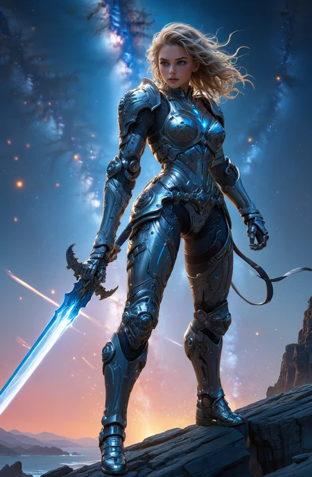 amazing quality, masterpiece, best quality, hyper detailed, ultra detailed, sci-fi,
girl, female, night, hold glowing sword,
standing on the edge of the cliff at the edge of the universe, milky way,
show face, full body,
<lora:HKStyle_V3:0.85> hkstyle,
<lora:add-detail-xl:0.80>,
<lora:quality1:0.75>,
<lora:extremely_detailed:1.5>, extremely detailed,
<lora:ral-iontinvevisions:0.6>, ral-iontinvevisions,
<lora:EnvyActionShotXL01:0.6>, action shot,