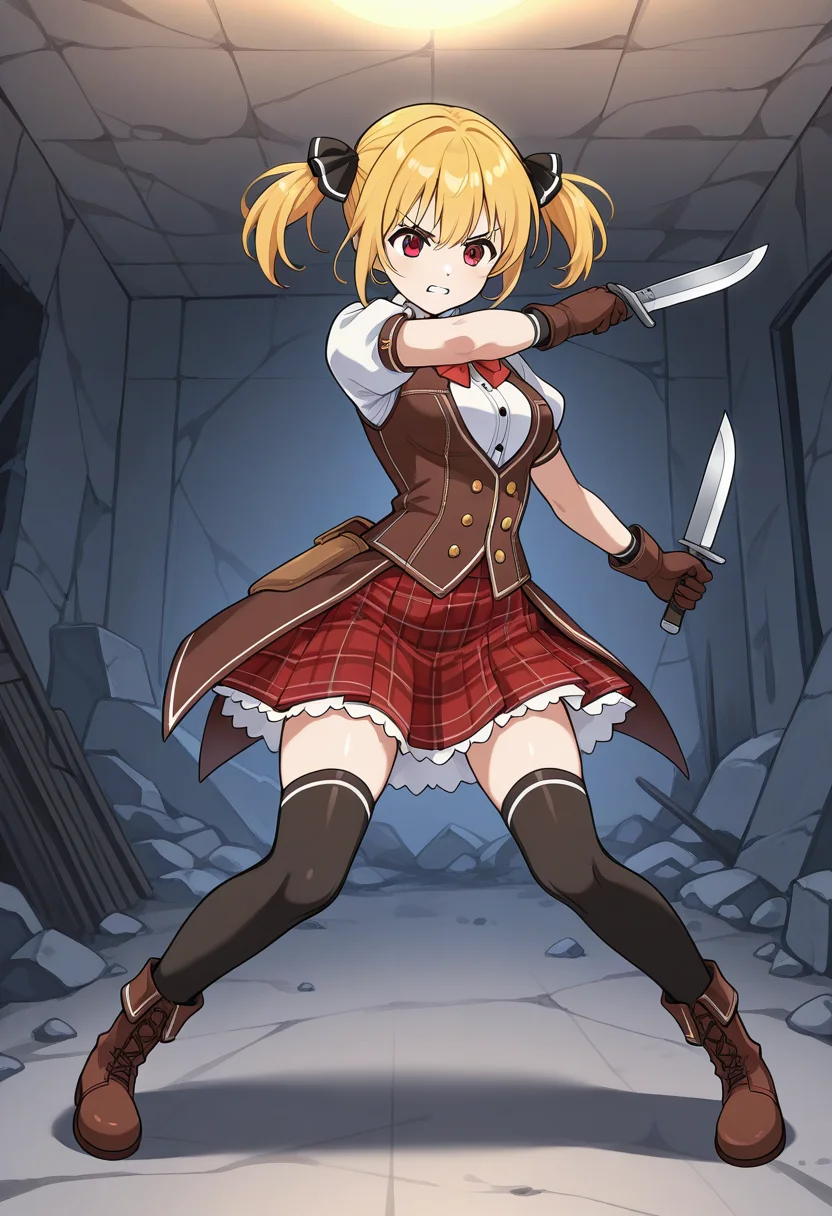 1girl, solo, lorelumilanru, blonde hair, short twintails, hair ribbon, red eyes, bowtie, collared shirt, puffy short sleeves, vest, medium breasts, buttons, plaid skirt, thighhighs, gloves, boots, serious, holding knife, dual wielding, fighting stance, indoors, ruins, clenched teeth, full body,