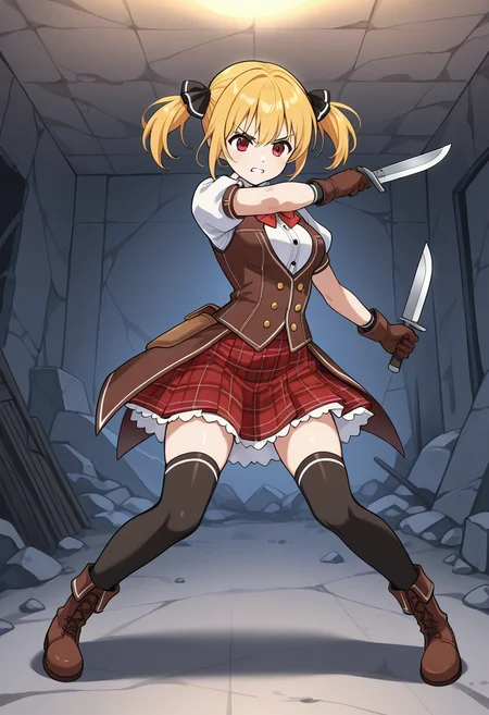 1girl, solo, lorelumilanru, blonde hair, short twintails, hair ribbon, red eyes, bowtie, collared shirt, puffy short sleeves, vest, medium breasts, buttons, plaid skirt, thighhighs, gloves, boots, serious, holding knife, dual wielding, fighting stance, indoors, ruins, clenched teeth, full body,