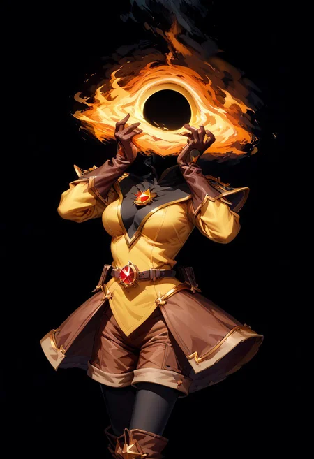 score_9, score_8_up, score_7_up,
lord_of_frenzy, fire head,
faceless, no eyes, no mouth, no nose, no facial features,
h3ad, object_head,
(black hole:1.1), (event horizon:1.1), (gravitational lensing:1.3),
magical girl outfit, yellow steampunk dress, boots, (brown shorts:1.2), black tights, medium breasts, belt, brown gloves, black long sleeves,
simple background, black background,
hands on own face, hands on own cheeks, yandere trance,
expressive pose, tilt head, arched back,