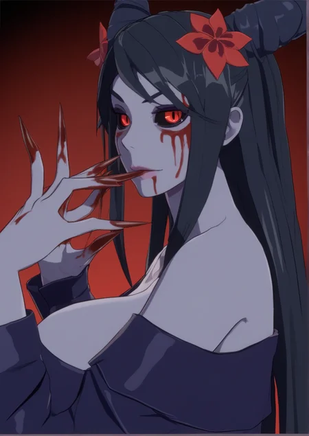 1girl, kibutsuji muzan, huge breast, 3d, bare shoulders, black background, black hair, black sclera, blood, blood in mouth, blood on face, blood on hands, blood trail, breasts, closed mouth, colored sclera, demon girl, fingernails, from side, genderswap, genderswap (mtf), gradient background, hair ornament, lips, lipstick, looking at viewer, makeup, off shoulder, red background, red eyes, sharp fingernails, slit pupils, solo, zPDXL3 <lora:GUILTY_GEAR_-STRIVE-3d:0.8>