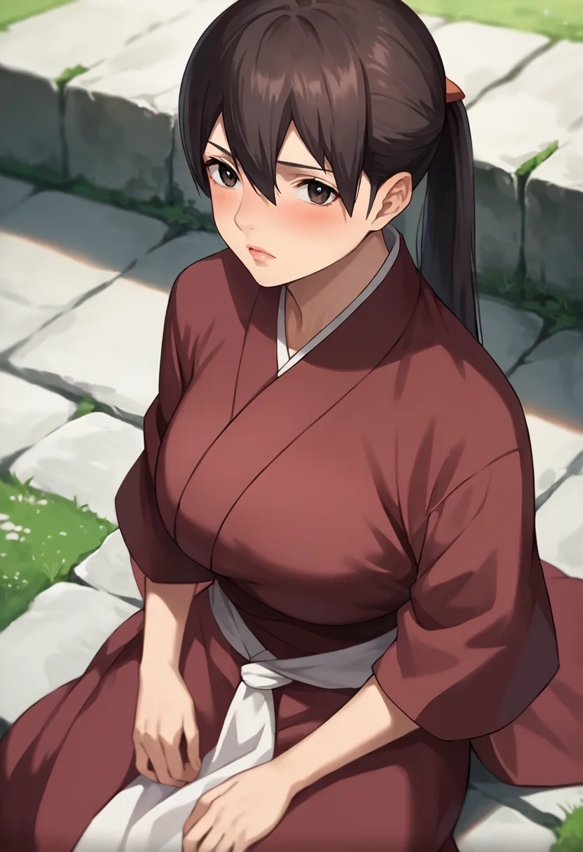 score_9, score_8_up, score_7_up, masterpiece, source_anime, 1girl, solo, ct_balsa, large breasts, ponytail, japanese clothes, sash, sleeves past elbows, looking at viewer, outdoors, depth of field, sunny, sitting, from above, looking up, blush,<lora:BalsaYonsa_Pony_ct:1>