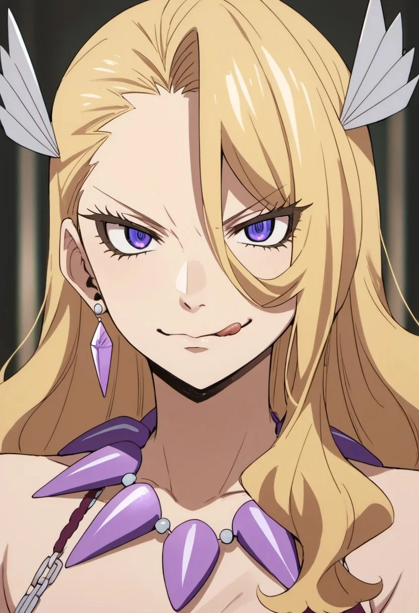 score_9, score_8_up, score_7_up, source_anime, kiria, blonde hair, long hair, purple eyes, 1girl, tongue, tongue out, jewelry, anime coloring, solo, necklace, :q, earrings, hair ornament, looking at viewer, licking lips