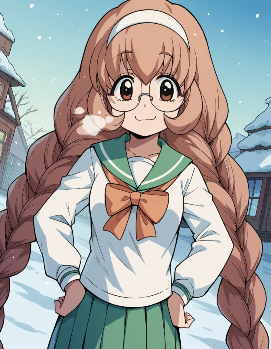 score_9, score_8_up, score_7_up, source_anime, <lora:mimi-usa-s1-ponyxl-lora-nochekaiser:1>, mimi usa, long hair, brown hair, brown eyes, very long hair, braid, hairband, glasses, twin braids,, school uniform, serafuku, long sleeves,, snow day, winter clothes, snowball fight, laughter, cold breath, white landscape, smile, smug, hand on hips,, looking at viewer, solo,, dutch angle, cowboy shot