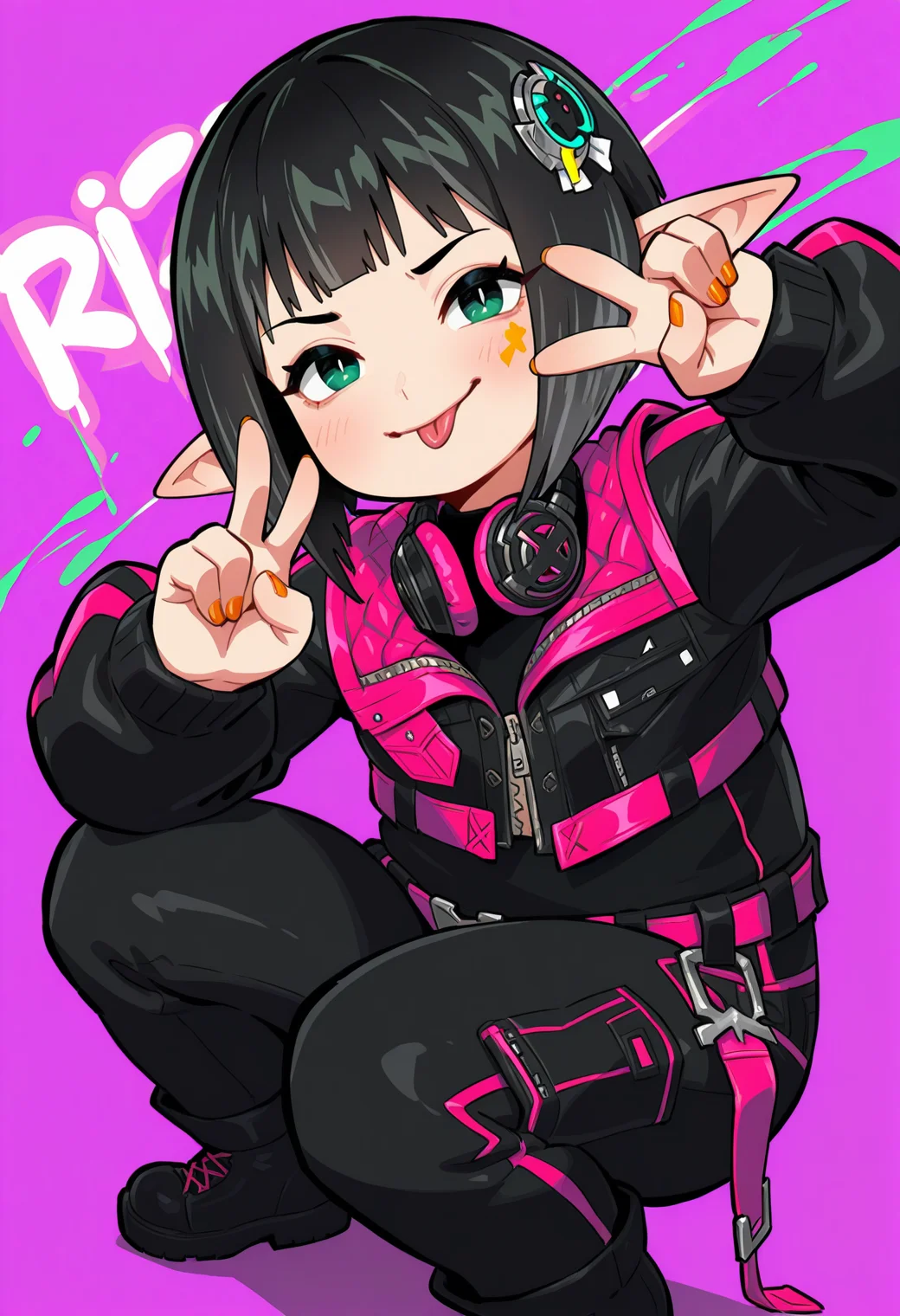<lora:333_dqqqdle:1>333 \(dqqqdle\)<lora:sr1ot:1>Sr1ot,solo,short hair,lalafell,black hair,hair ornament,green eyes,pointy ears,headphones around neck,black jacket,black pants,plump,orange nails,v,pose,smug,tongue,(graffiti, "riot"),paint splash,squatting,simple background, very awa, masterpiece, best quality, amazing quality, very aesthetic, absurdres, sensitive, newest <lora:spo_sdxl_10ep_4k-data_lora_webui:0.7>,