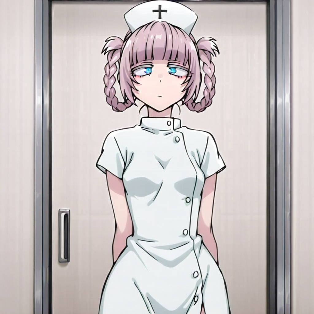 ( <lora:nazuna:1>), nazuna nanakusa, ringed pink hair, braid hair, blunt bangs, blue eyes, ringed eyes, cute, nurseclothes, short white dress, nursecap, nurse cosplay, masterpiece,