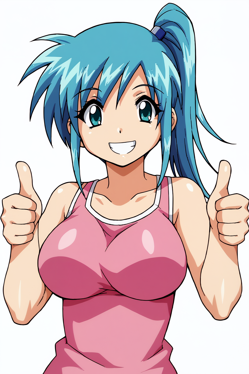 <lora:JoscoePOREvoPDXL:0.8>, white background,  Misaki Kureha, solo, smile, thumbs up