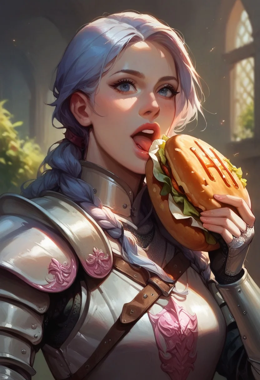 score_9, score_8_up, score_7_up, , portrait,
1girl, solo, close up, eating hamburger, mouth open,
medieval, heavy armor, plate armor, helmet, knight,
