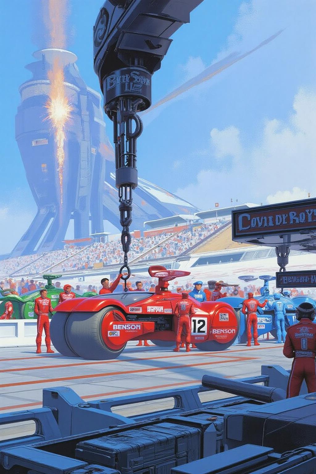 sydme1 painting 
of a futuristic, high-tech racing scene in a vast, futuristic arena. The main subject is a sleek, red and white racing car, labeled "BENSON" and "12," with futuristic aerodynamic design elements, including a prominent front wheel and a streamlined body, positioned in the foreground. The car is surrounded by a group of racers in matching red and white suits, likely the team members, engaging in pre-race preparations. <lora:sydme6_cap_d6a3:1.0><lora:811018382729218018:0>