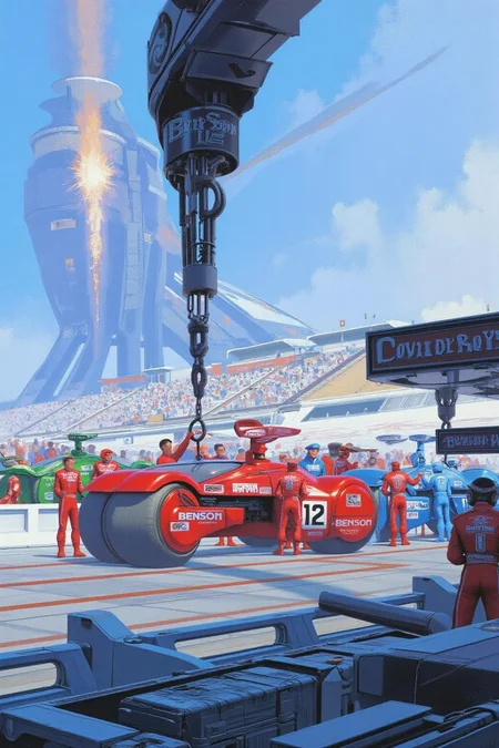 sydme1 painting
of a futuristic, high-tech racing scene in a vast, futuristic arena. The main subject is a sleek, red and white racing car, labeled "BENSON" and "12," with futuristic aerodynamic design elements, including a prominent front wheel and a streamlined body, positioned in the foreground. The car is surrounded by a group of racers in matching red and white suits, likely the team members, engaging in pre-race preparations. <lora:sydme6_cap_d6a3:1.0><lora:811018382729218018:0>
