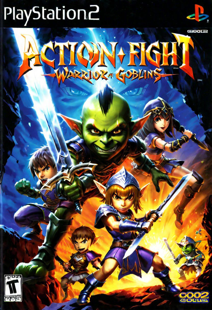 Ps2 cover Platinum,warrior fighting and goblins in cave a Text title "action fight",