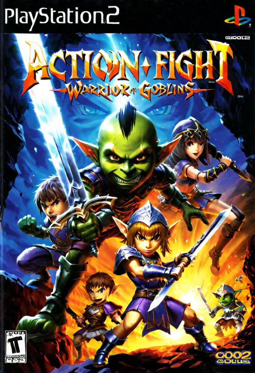 Ps2 cover Platinum,warrior fighting and goblins in cave a Text title "action fight",