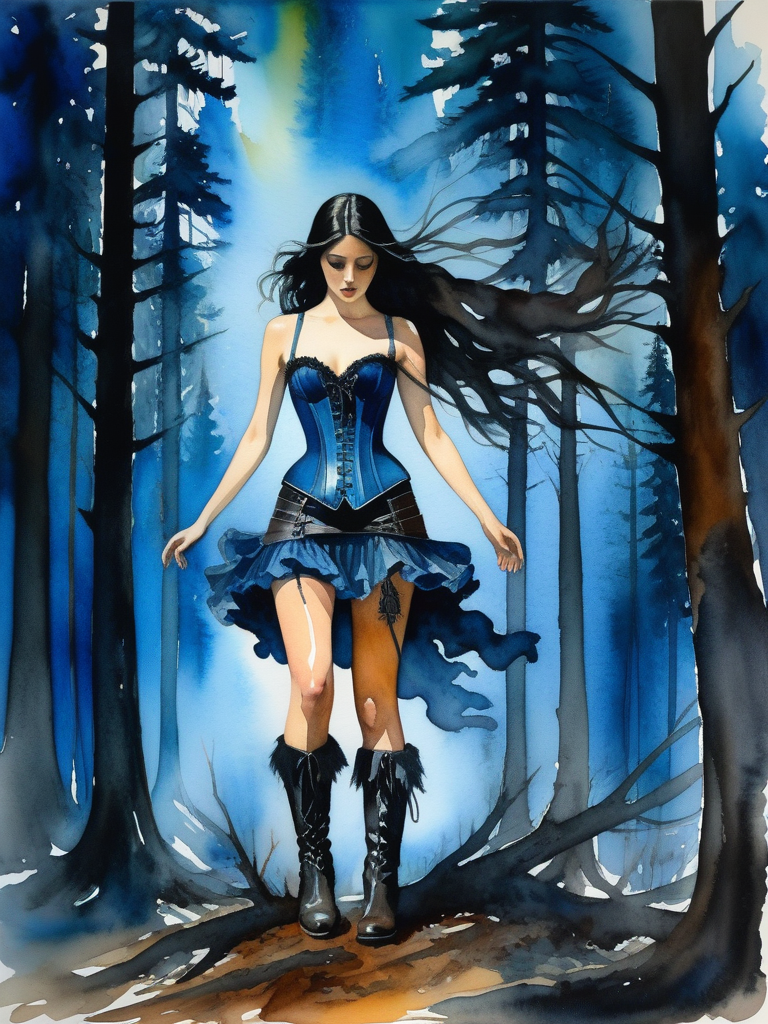 <lora:09WatercolorPainting_Hap_XL:1>,Winslow Homer style, watercolor painting, watercolor, The Haunted burnt out bio-luminance forest under boreal arboreal aurora, burned out trees, fear, a beautiful Ethereal dark blue long haired woman in a active  intricate pose ,worn out dirty leather boots , ghostly  corset and short  skirt decorated with gorgeous patterns and beautiful lines, Sinister, emitting a sense of dilapidation,