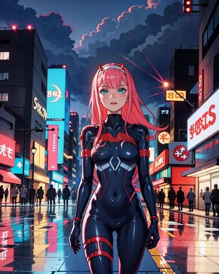 (<lora:Zero_Two_Darling:0.8> Zero_Two_Darling, bodysuit, :1.2), (full length 24 years old adult woman medium bosom:1.1), teal eyes, BREAK,  (Zero Two from Darling in the Franxx style of Nick Knight), neon pink hair, teal blue eyes, futuristic pilot suit, metallic horns, cyberpunk Tokyo cityscape, holographic billboards, glowing rain, direct confident gaze, sleek aerodynamic pose, dramatic neon lights, reflective surfaces, rain-soaked streets