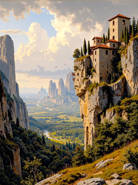 famous artwork, masterful use of light and shadow, masterful composition following the rule of thirds, chiaroscuro, dappled sunlight, oil painting in the tradition of the hudson river school, masterful attention to light and atmospheric perspective, traditional media, epic scenery, rule of thirds, meteora, greece, view from the top of a cliff, a rugged rocky ledge with wild grass and small patches of wildflowers in the foreground, bathed in the light of a late afternoon, a labyrinth of towering sandstone pillars rising majestically from the misty valley, in the distance an ancient medieval monastery, a cluster of austere, weathered stone buildings with red-tiled roofs, is perched atop one of the highest rock formations, its rough-hewn walls blending harmoniously with the rugged landscape, wooden balconies jutting over the precipice, narrow arched windows peering out over the vast scenery, conveying an air of solitude and resilience, dramatic cliffs and vertical rock faces dominate the foreground, their textured surfaces catching the interplay of sunlight and shadow, delicate tufts of vegetation clinging to the craggy formations, adding depth and contrast to the scene, the middle ground reveals a lush, rolling valley stretching into the distance, covered in dense greenery, cypress trees, and wildflowers, centuries-old winding footpaths weave through the terrain, a small river meanders through the valley, an awe-inspiring sky painted with sweeping, expressive brushstrokes, towering cumulus clouds, their billowing forms illuminated by the setting sun, rays of light filtering through the clouds, subtly illuminating the valley below, birds soar effortlessly on the warm evening breeze, adding a sense of movement and life, rich, luminous colors capturing the interplay between land and sky, a sense of sublime beauty and spiritual reverence, meticulous detailing in the authentic medieval byzantine monastery architecture, with unembellished facades, simple arched windows, and modest wooden balconies, delicate brushwork rendering the textures of stone, wood, and foliage, the composition balanced between grandeur and serenity, unpainted rough stone facades, ovg, aidmamj6.1, <lora:style-hudson_river_school-flux-by_kornrat:0.56> <lora:style-amazing_scenery-v3-flux-by_marielle:0.48> <lora:midjourney_61-v0.5-flux-by_aidma:0.48> <lora:image_enhancer-flux-by_dever:0.48>