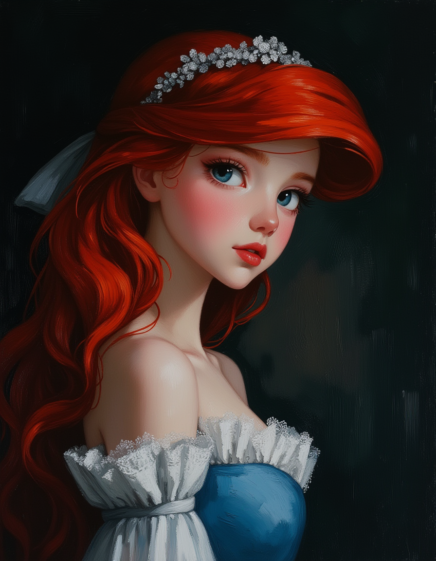 oil painting a close up portrait of teen Ariel who is wearing her classic blue princess dress. Ariel has pale skin, petite body, red hair, red lips, blue eyes, and is wearing Victorian dress that is corseted, hooped, and bustled. She is wears a silver circlet on her head. She tries to remain prim and proper, but is blushing. Inside a dark caste. Top light, masterful painting, oil on canvas, Focus on the Ariel, shadow and light, Masterpiece, intricate lines, intriguing atmosphere, sharp magnificent details, delicate features, elaborate details, (2\3 rule composition:0.5), ultra detailed, romantic, Rembrandt lighting, brush stroke, lovely, del1cate_balance style, novuschroma, in the style of Rembrandt. vantablack <lora:style_of_Rembrandt_FLUX_135:.8> <lora:- Flux1 - vanta_black_V2.0:.3> <lora:Delicate_Balance:.3> <lora:113_novuschromaFLX_1:.4> <lora:neeeg_f1:-1> <lora:Midjourney_Whisper_Minimal:.4>