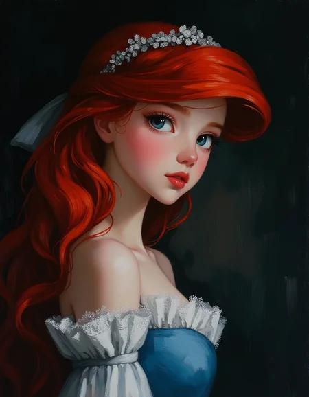 oil painting a close up portrait of teen Ariel who is wearing her classic blue princess dress. Ariel has pale skin, petite body, red hair, red lips, blue eyes, and is wearing Victorian dress that is corseted, hooped, and bustled. She is wears a silver circlet on her head. She tries to remain prim and proper, but is blushing. Inside a dark caste. Top light, masterful painting, oil on canvas, Focus on the Ariel, shadow and light, Masterpiece, intricate lines, intriguing atmosphere, sharp magnificent details, delicate features, elaborate details, (2\3 rule composition:0.5), ultra detailed, romantic, Rembrandt lighting, brush stroke, lovely, del1cate_balance style, novuschroma, in the style of Rembrandt. vantablack <lora:style_of_Rembrandt_FLUX_135:.8> <lora:- Flux1 - vanta_black_V2.0:.3> <lora:Delicate_Balance:.3> <lora:113_novuschromaFLX_1:.4> <lora:neeeg_f1:-1> <lora:Midjourney_Whisper_Minimal:.4>
